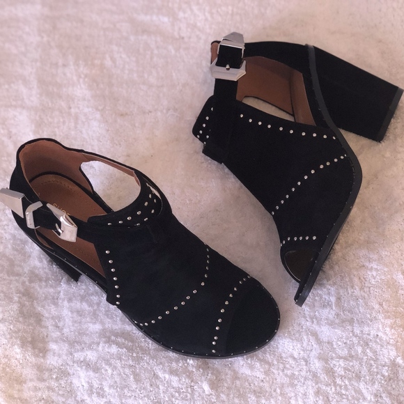 Black Studded Suede Peep Toe Booties - Picture 2 of 8